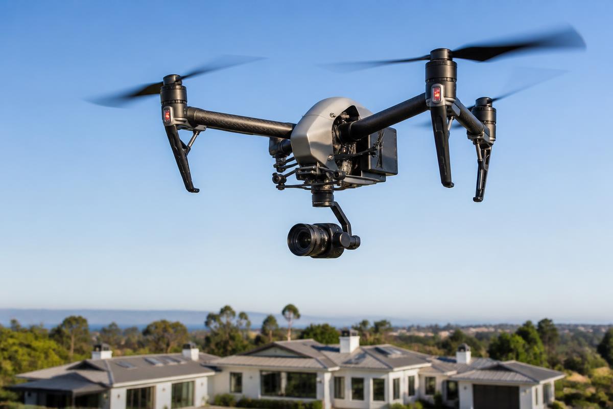 DJI Inspire cinematic drone capturing aerial imagery over a property