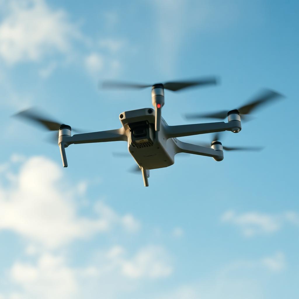 Professional RavenUAS quadcopter drone in flight against blue sky